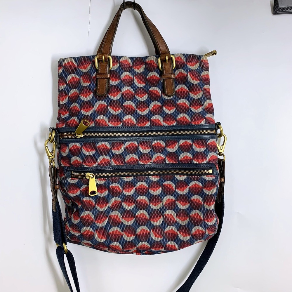 Fossil  Explorer Canvas Tote Bag Geometric Leather Straps Crossbody Shoulder Bag